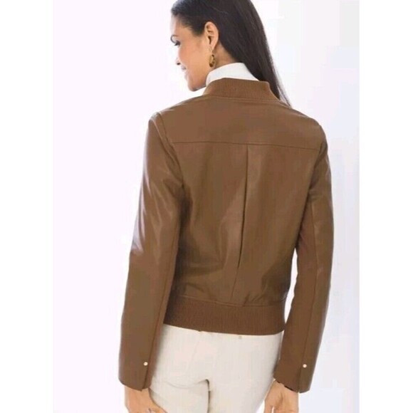 Chicos Faux Leather Bomber Jacket Full-Zip Henna Brown Women’s Size 00/XS NWOT - Picture 5 of 10
